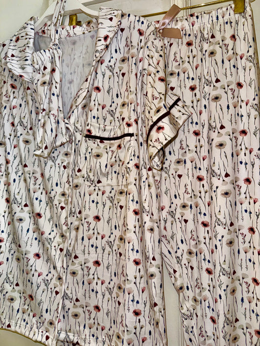 PIJAMA PANTALÓN FLORES BLANCO/ VINO