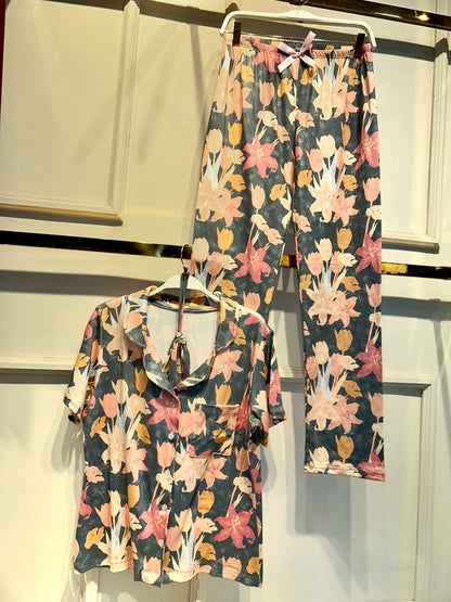 PIJAMA PANTALÓN FLORES GRIS/ ROSA