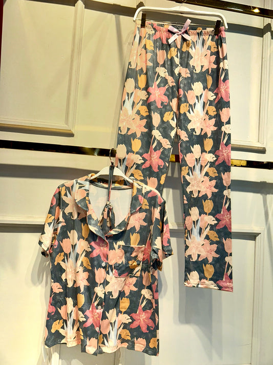 PIJAMA PANTALÓN FLORES GRIS/ ROSA