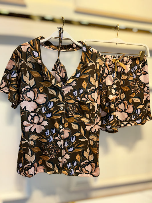 PIJAMA SHORT CAFÉ/ VERDE FLORES