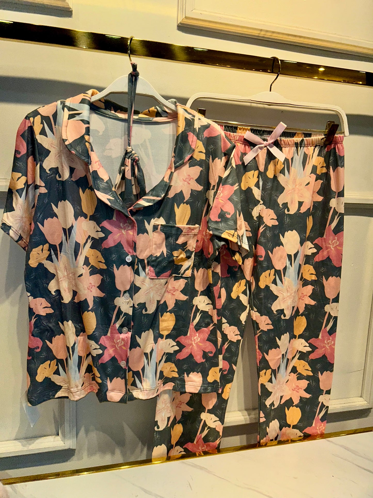 PIJAMA PANTALÓN FLORES GRIS/ ROSA