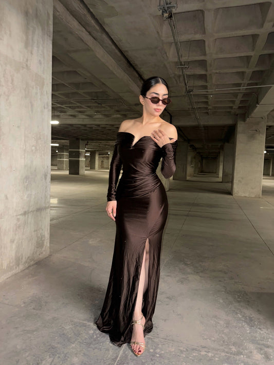 VESTIDO ORIANA CHOCOLATE STONES MAXI