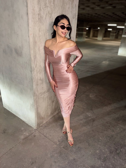 VESTIDO ANAIS MIDI ROSA SATIN STONES